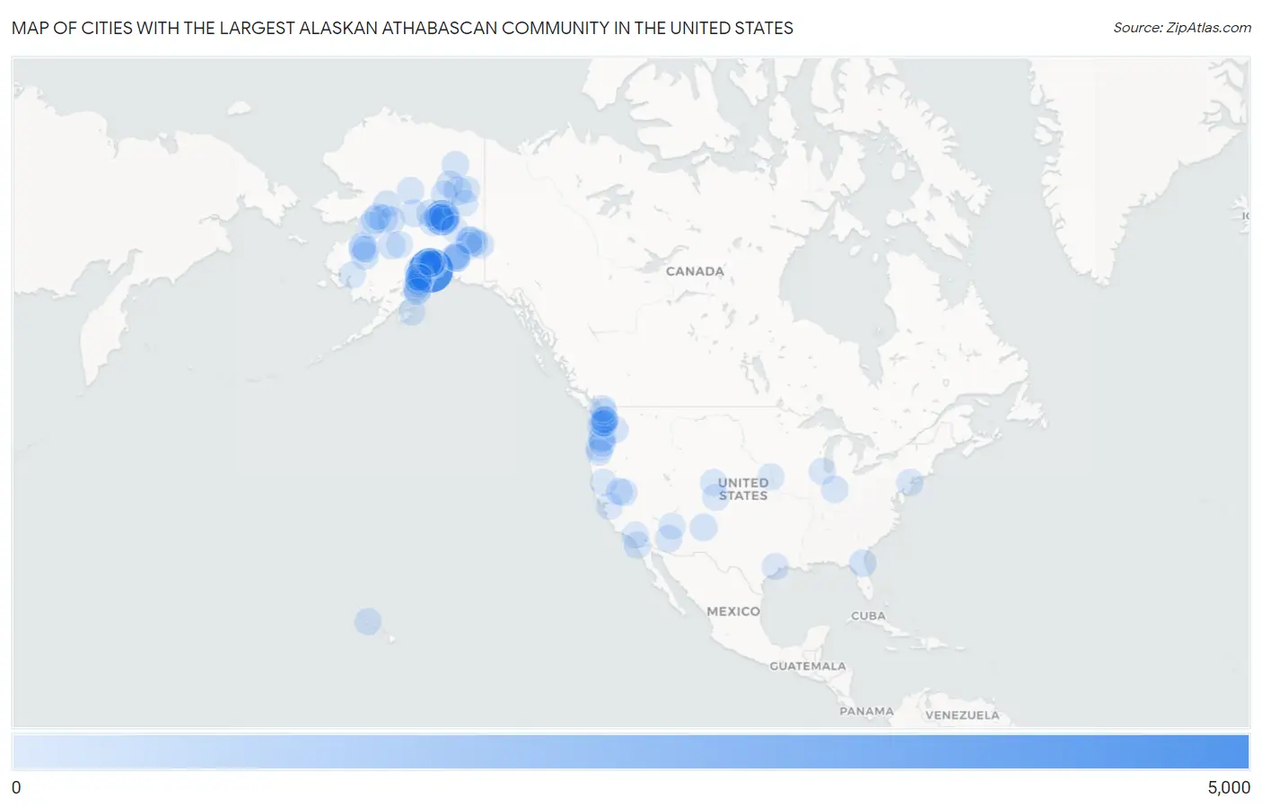 Cities with the Largest Alaskan Athabascan Community in the United States Map