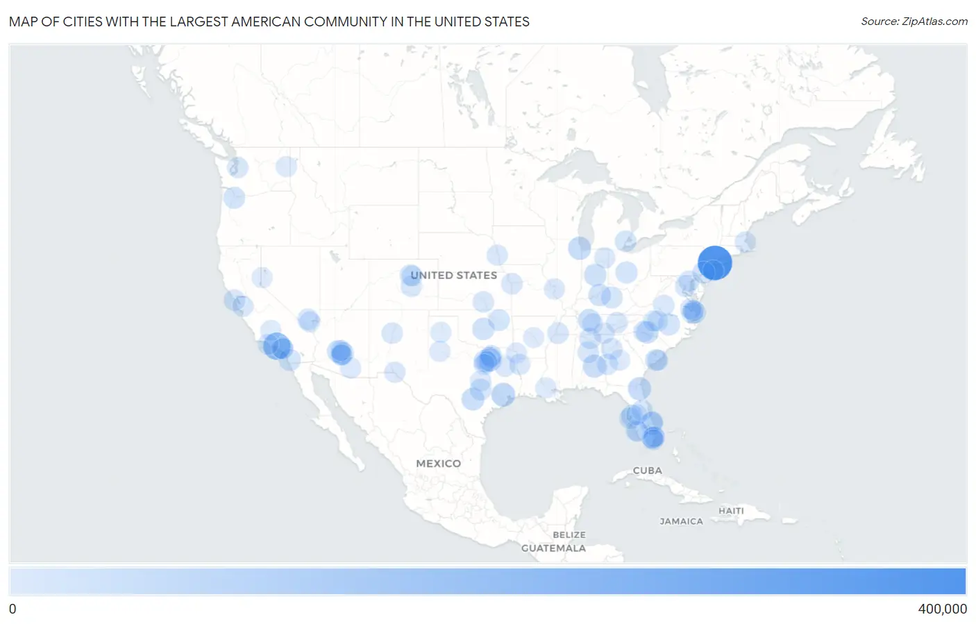 Cities with the Largest American Community in the United States Map