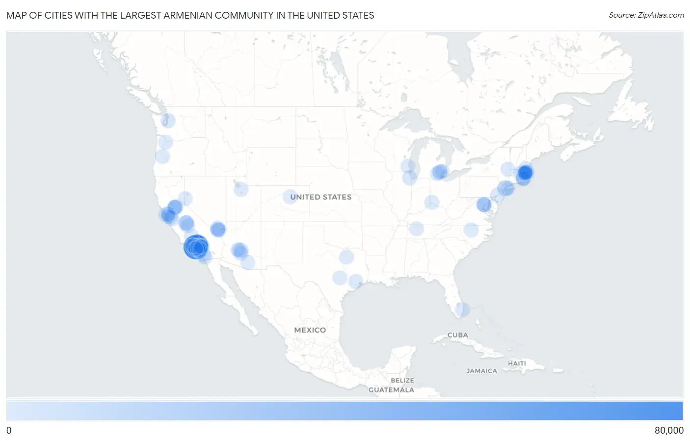 Cities with the Largest Armenian Community in the United States Map