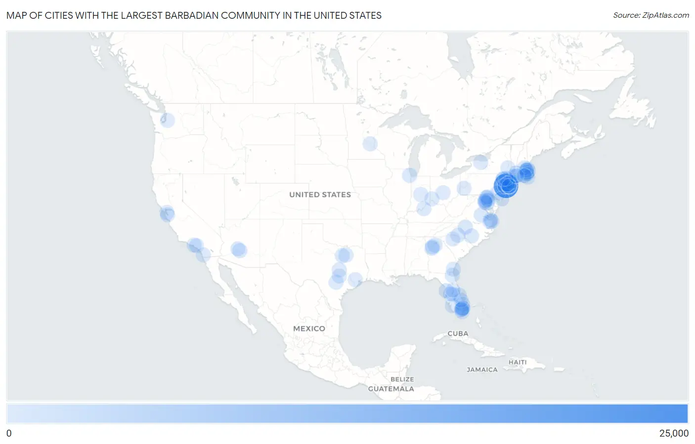 Cities with the Largest Barbadian Community in the United States Map