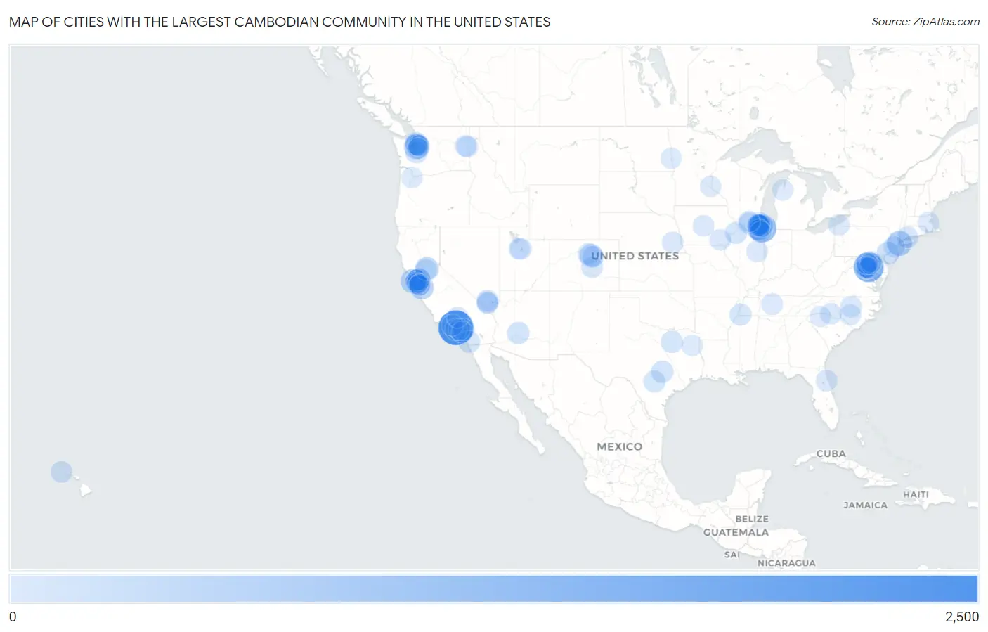 Cities with the Largest Cambodian Community in the United States Map