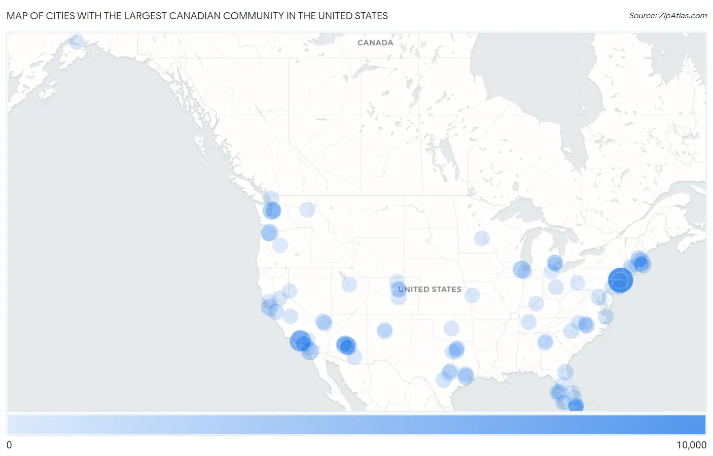 Cities with the Largest Canadian Community in the United States Map