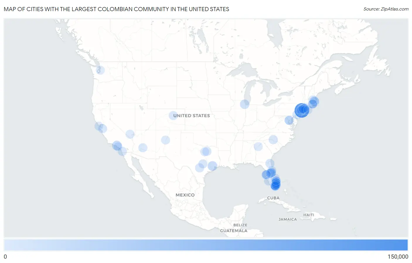Cities with the Largest Colombian Community in the United States Map
