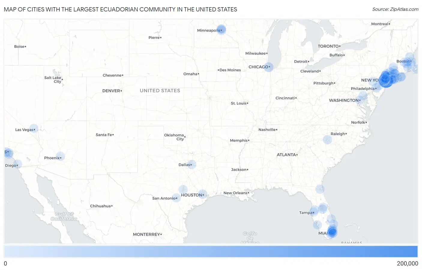 Cities with the Largest Ecuadorian Community in the United States Map