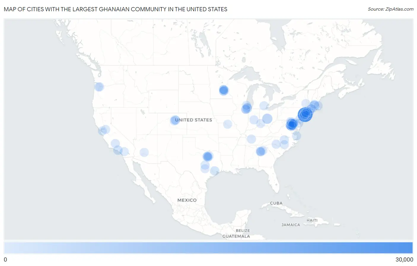 Cities with the Largest Ghanaian Community in the United States Map
