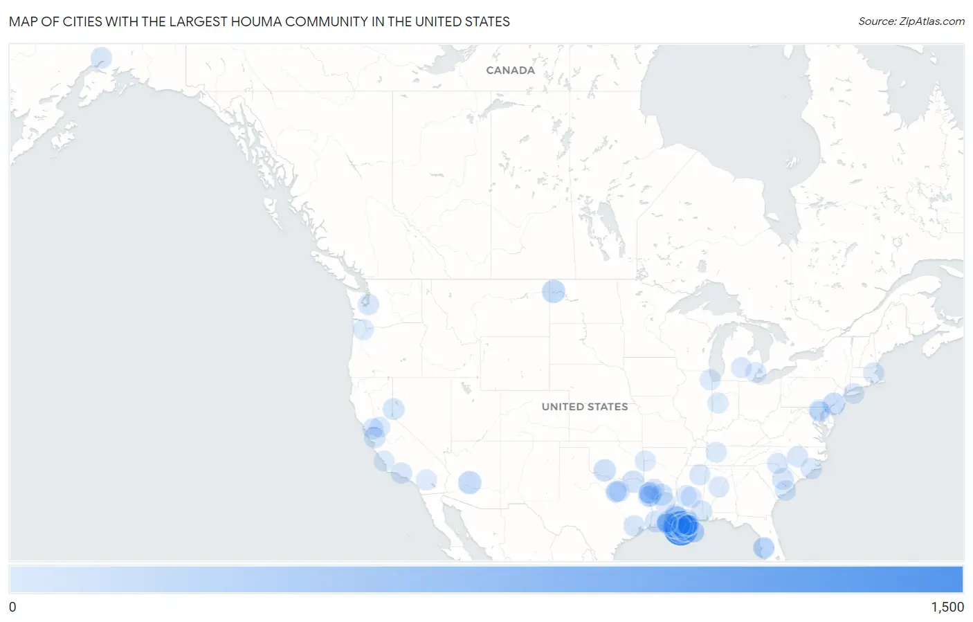 Cities with the Largest Houma Community in the United States Map