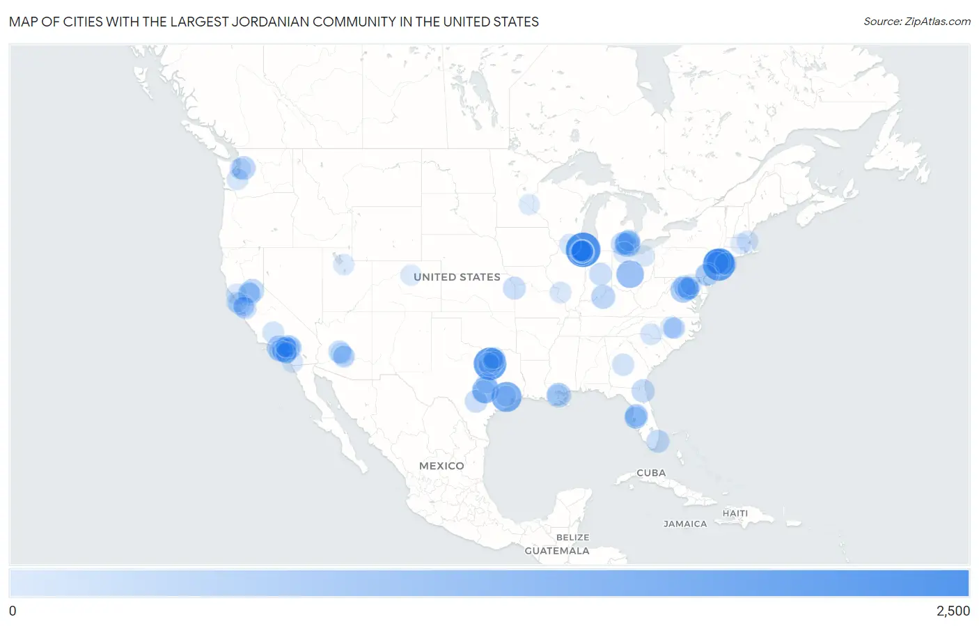 Cities with the Largest Jordanian Community in the United States Map