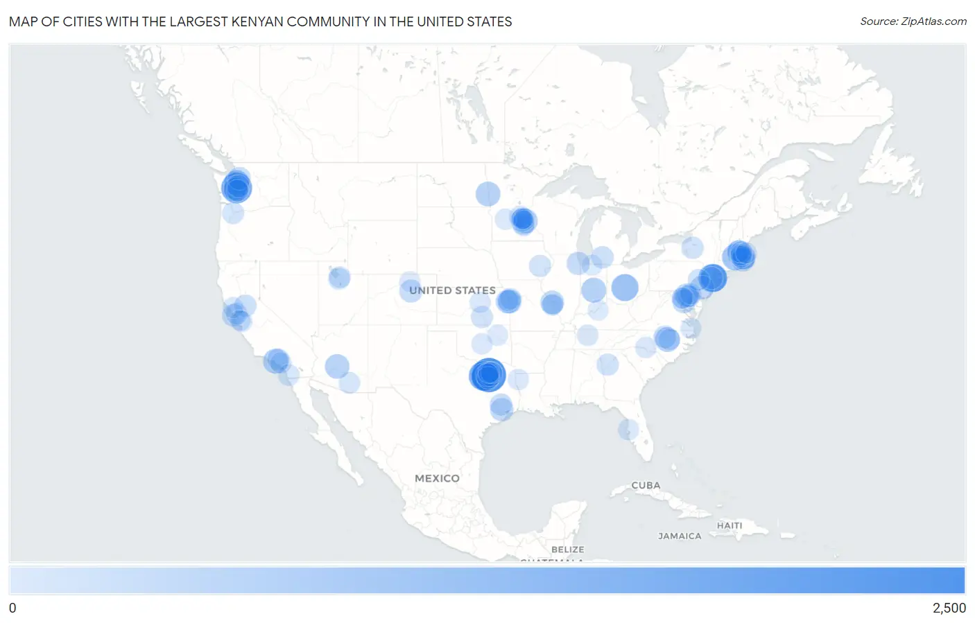 Cities with the Largest Kenyan Community in the United States Map