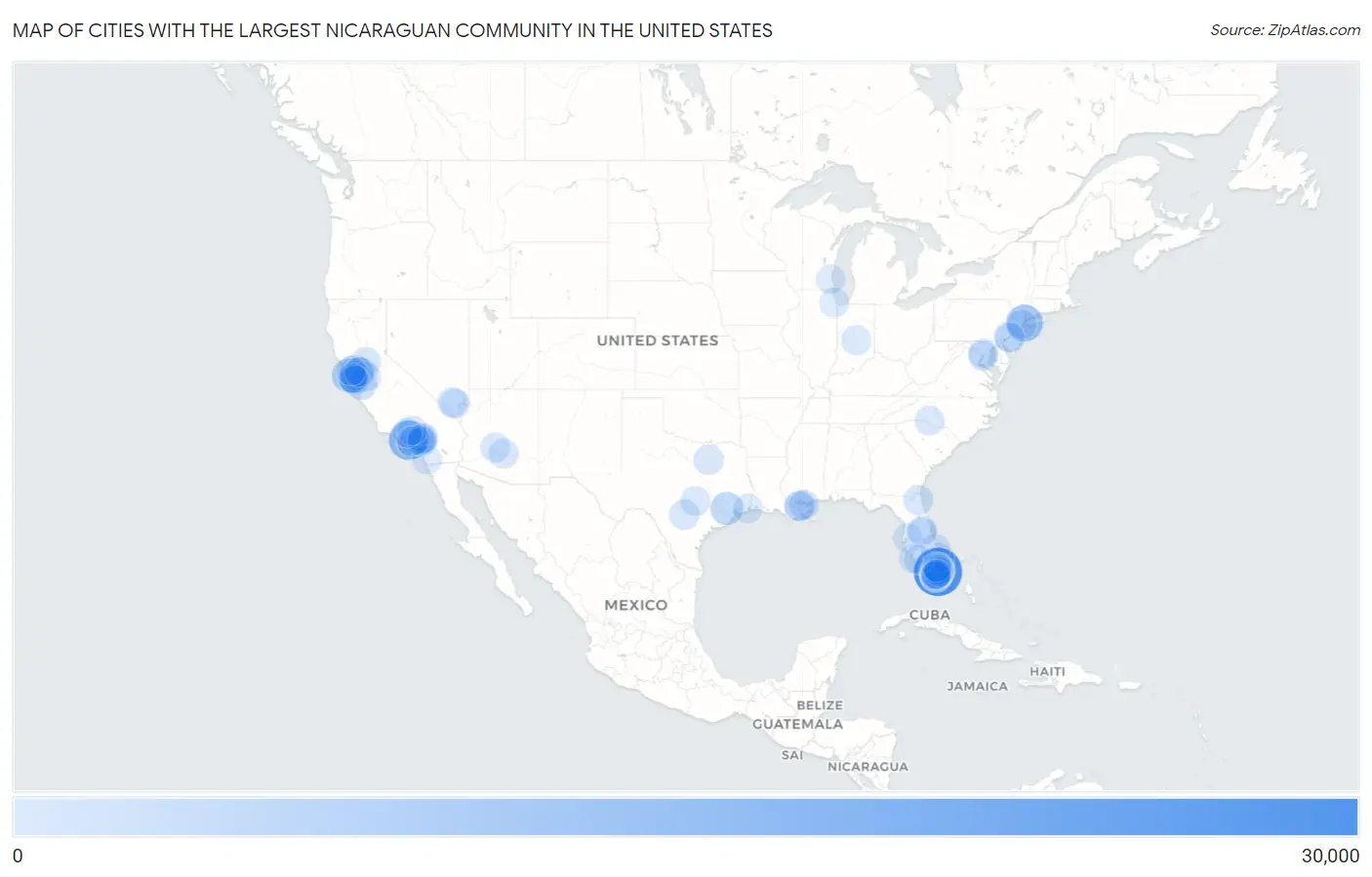 Cities with the Largest Nicaraguan Community in the United States Map