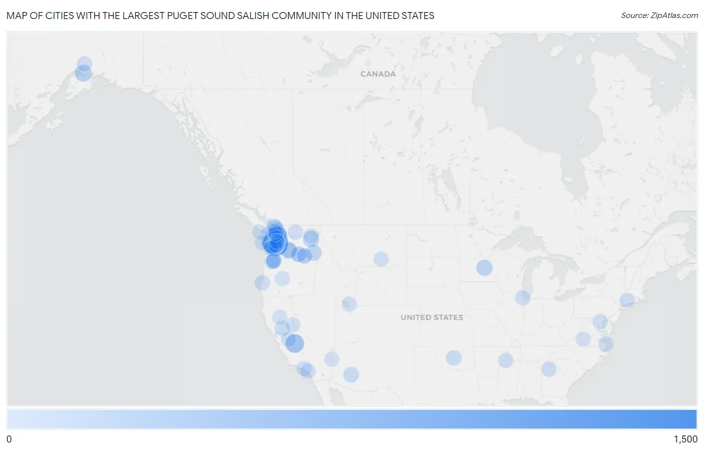 Cities with the Largest Puget Sound Salish Community in the United States Map