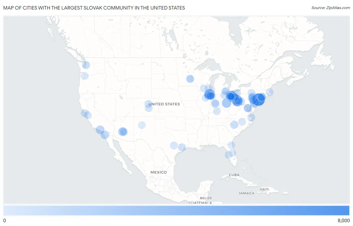 Cities with the Largest Slovak Community in the United States Map