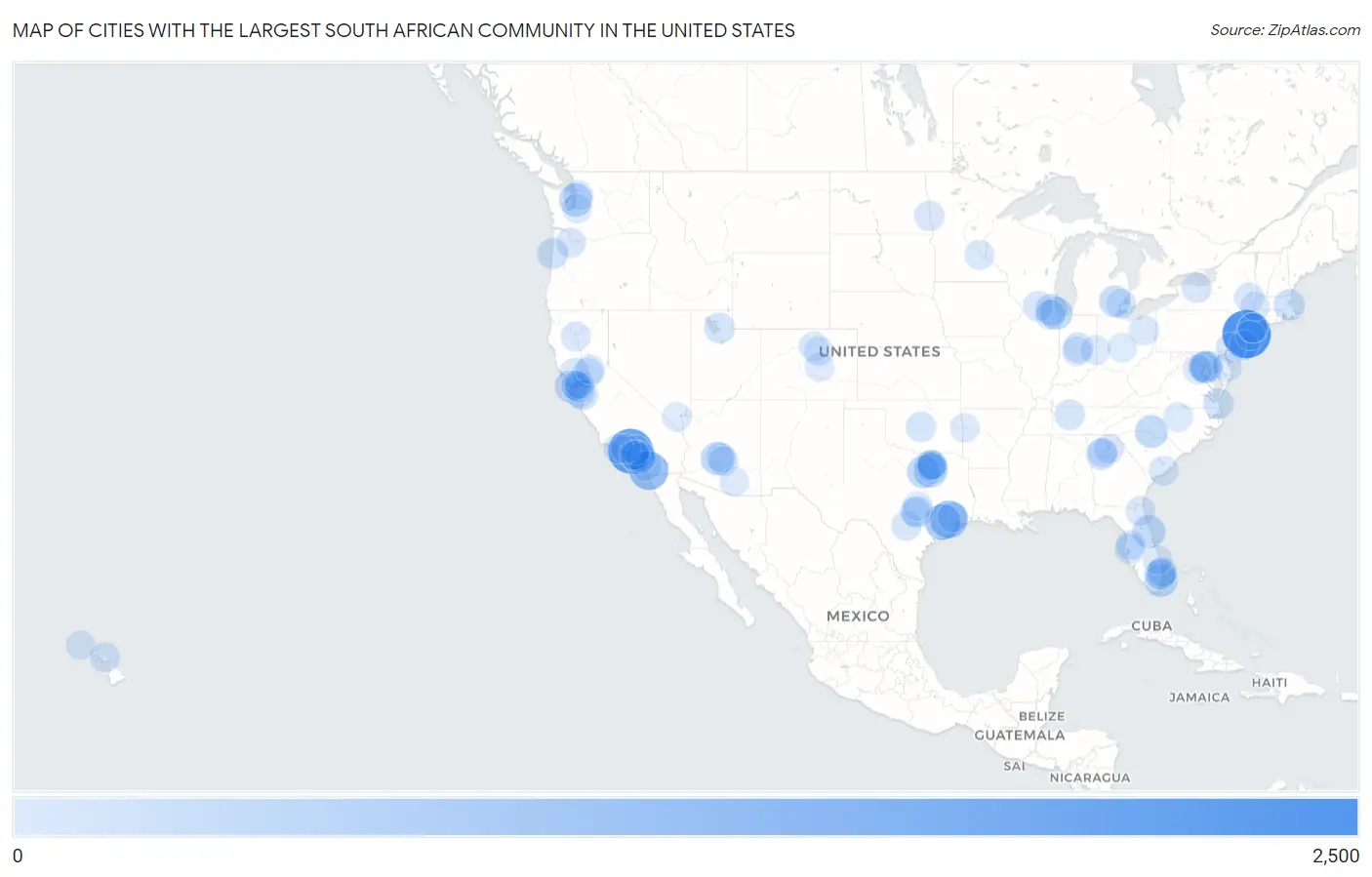 Cities with the Largest South African Community in the United States Map