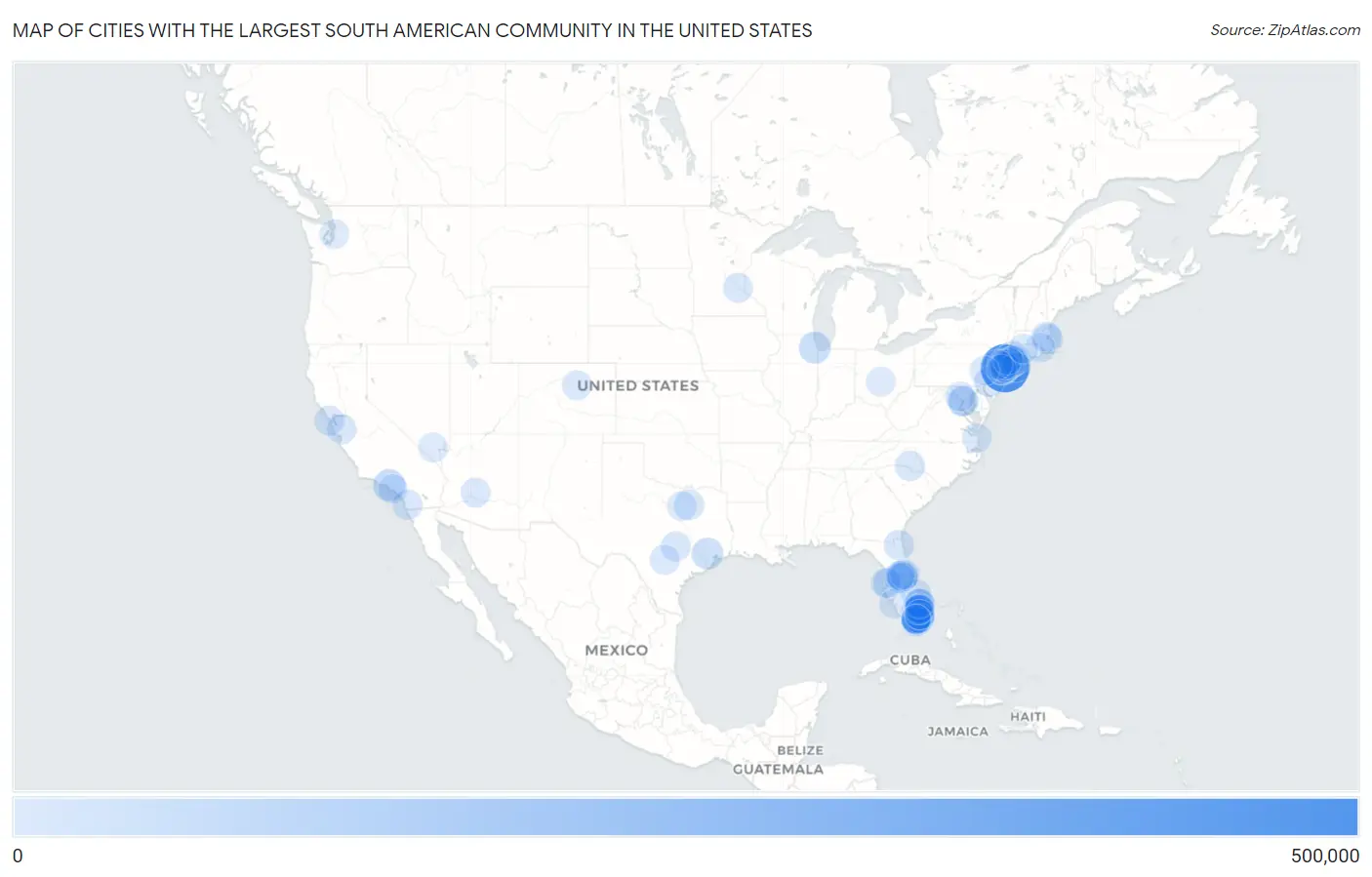 Cities with the Largest South American Community in the United States Map