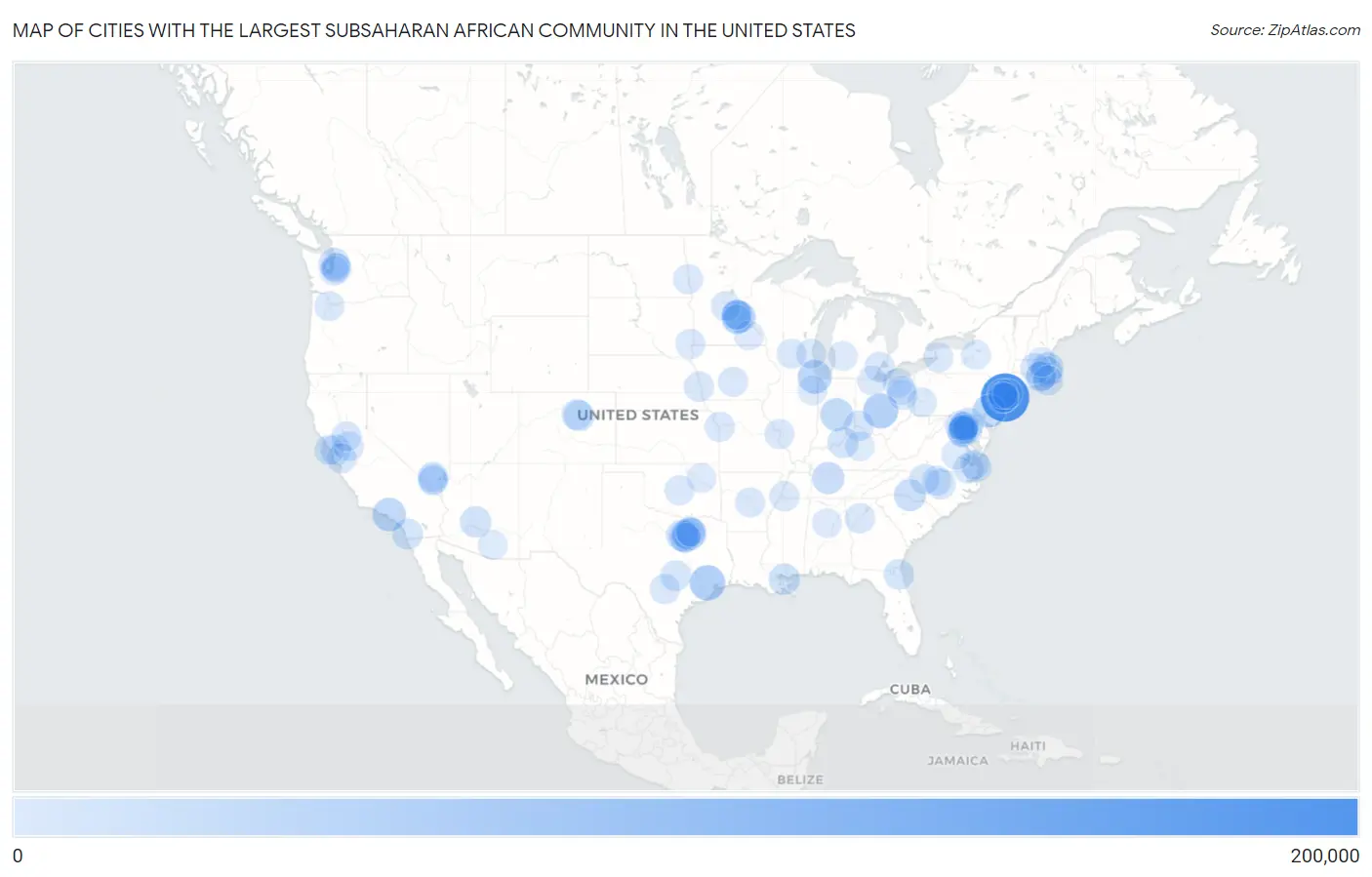 Cities with the Largest Subsaharan African Community in the United States Map