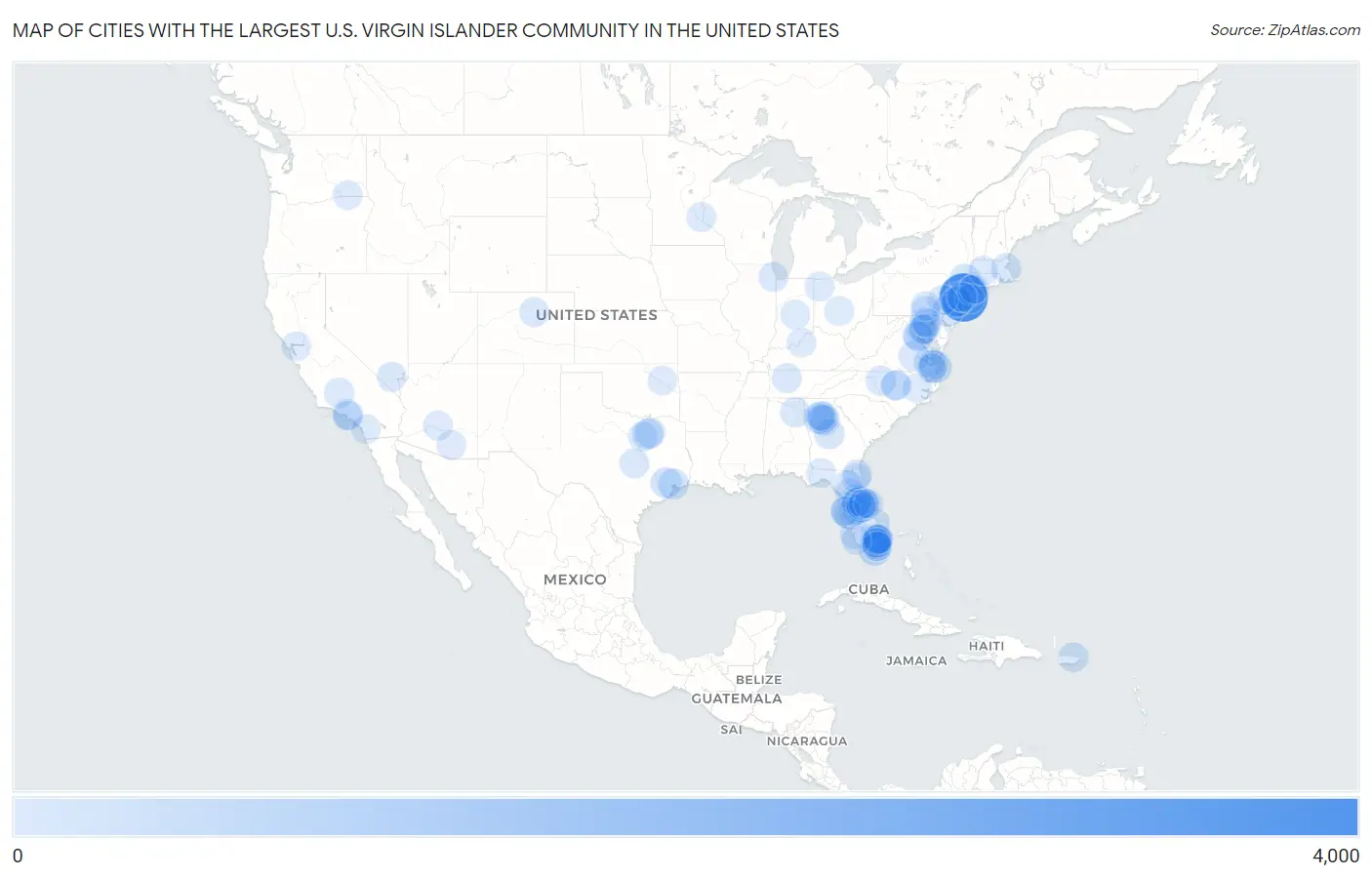 Cities with the Largest U.S. Virgin Islander Community in the United States Map