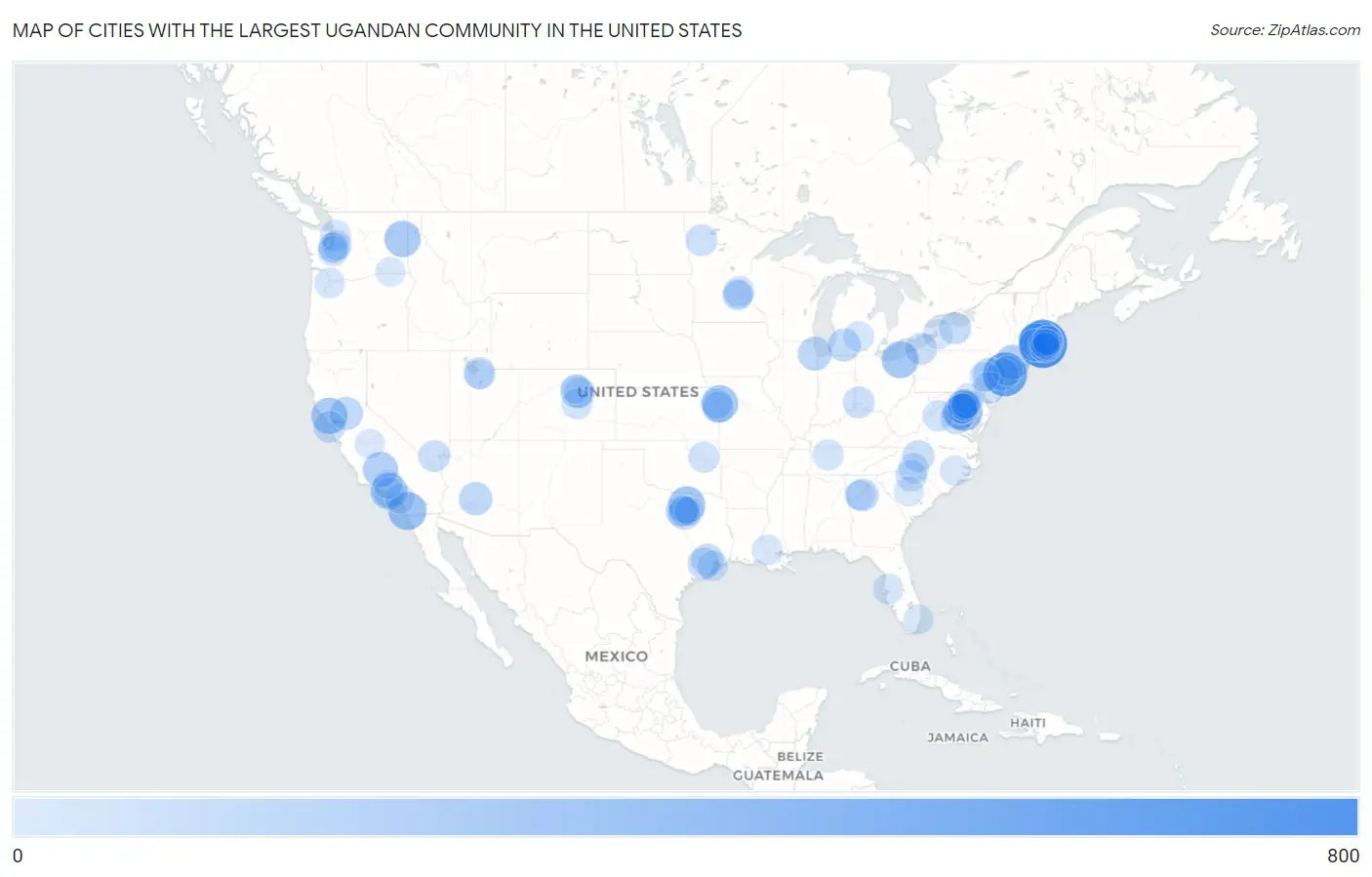 Cities with the Largest Ugandan Community in the United States Map