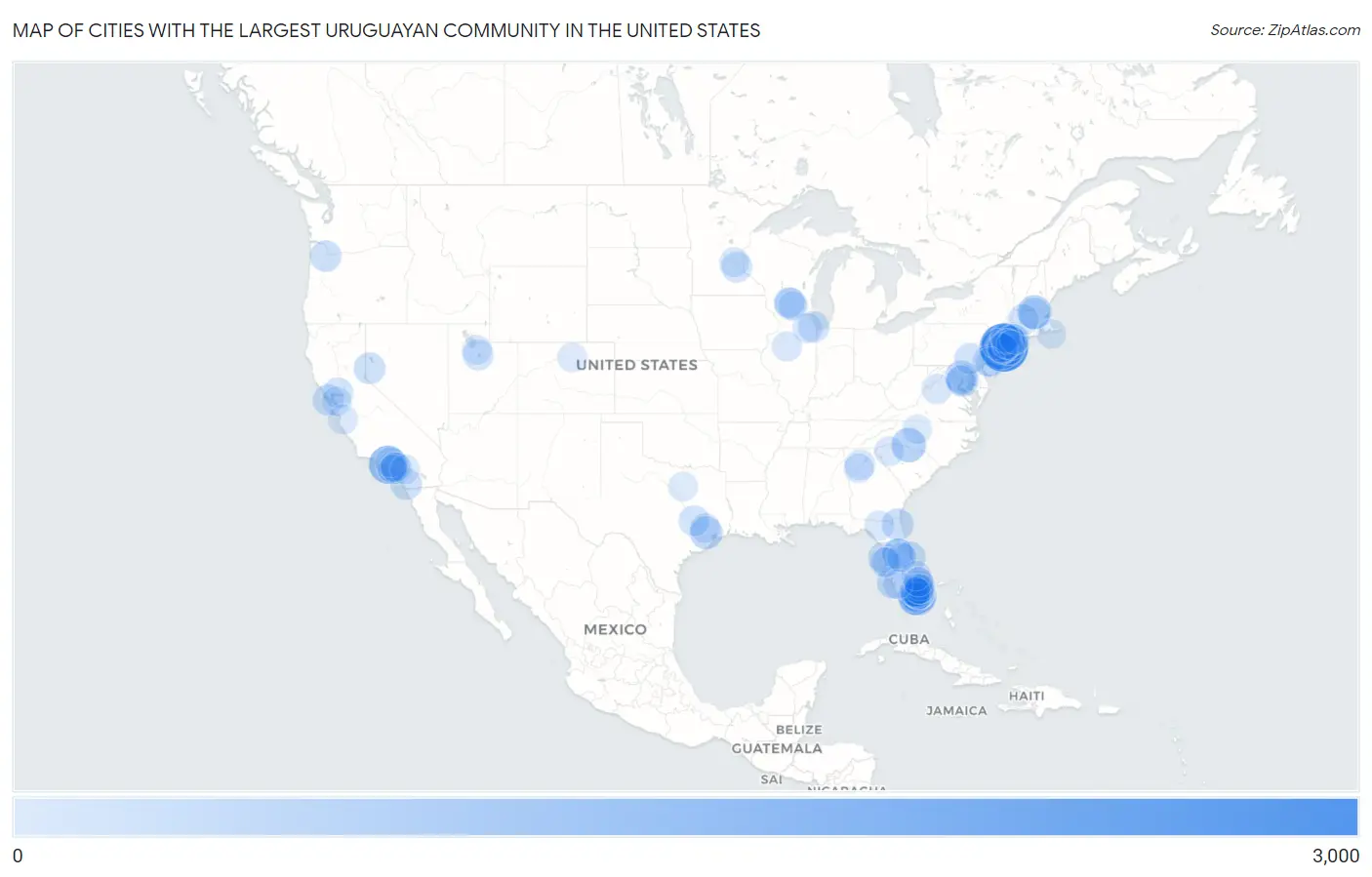 Cities with the Largest Uruguayan Community in the United States Map