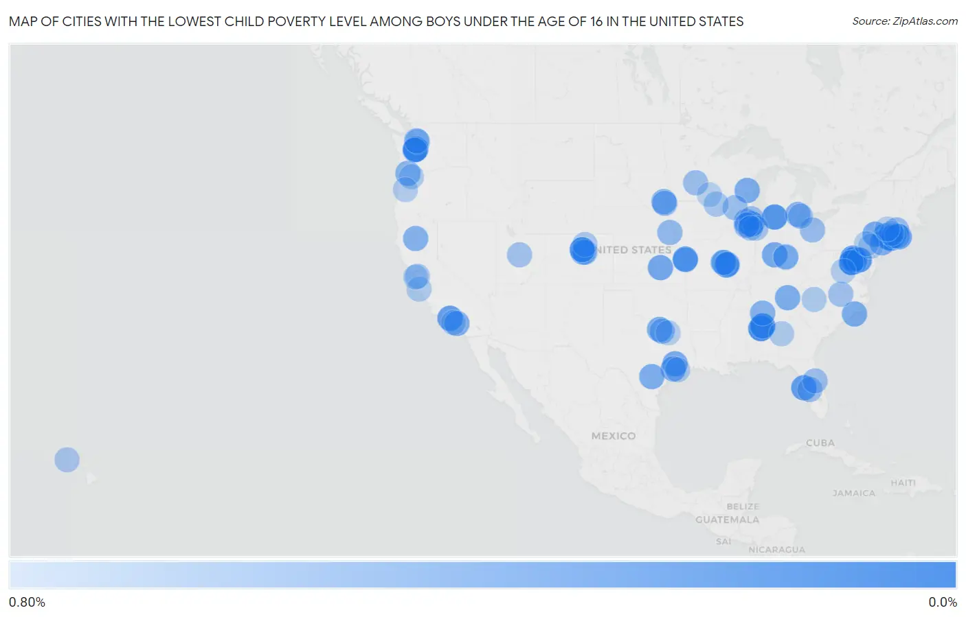 Cities with the Lowest Child Poverty Level Among Boys Under the Age of 16 in the United States Map