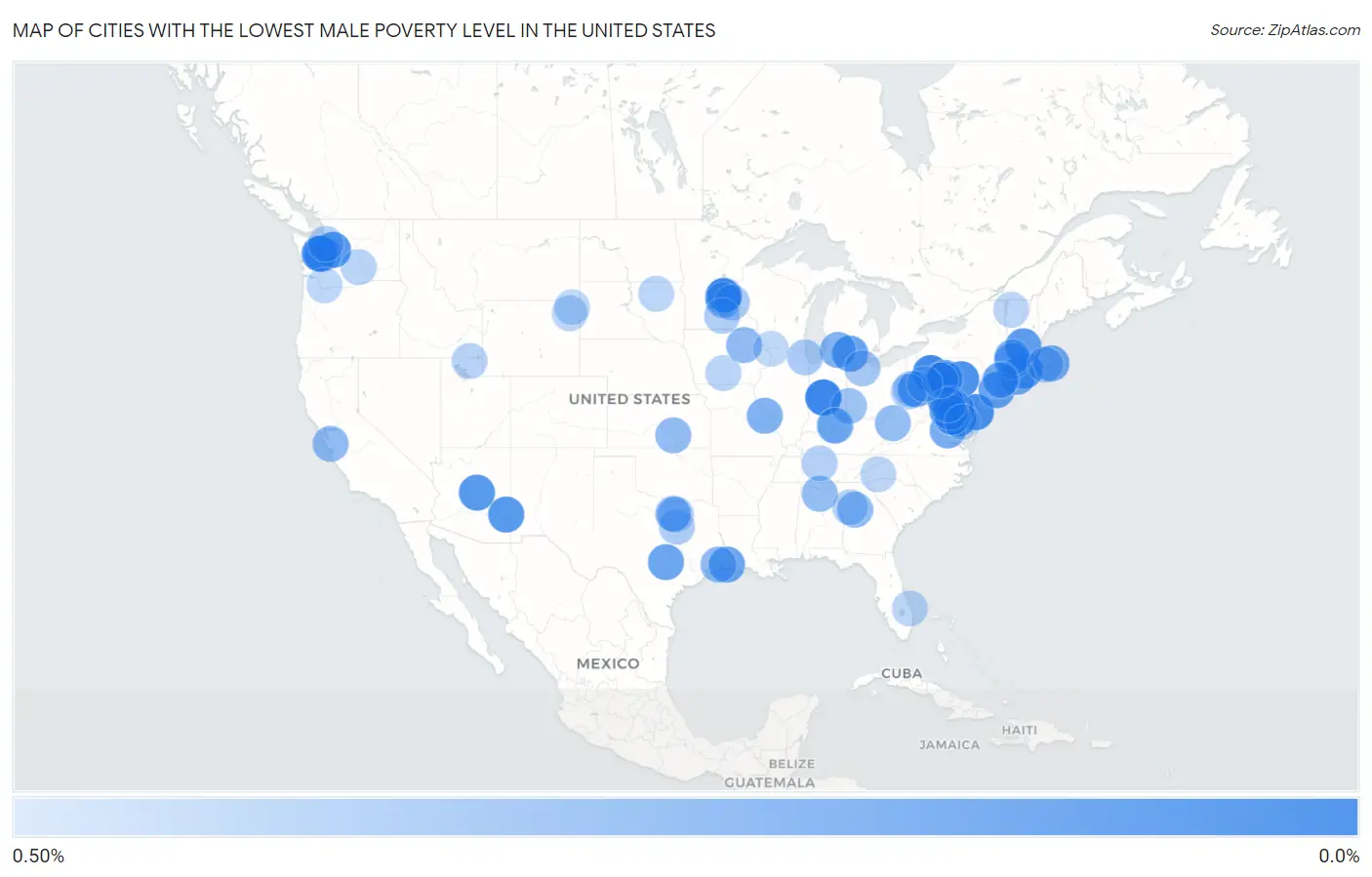 Cities with the Lowest Male Poverty Level in the United States Map