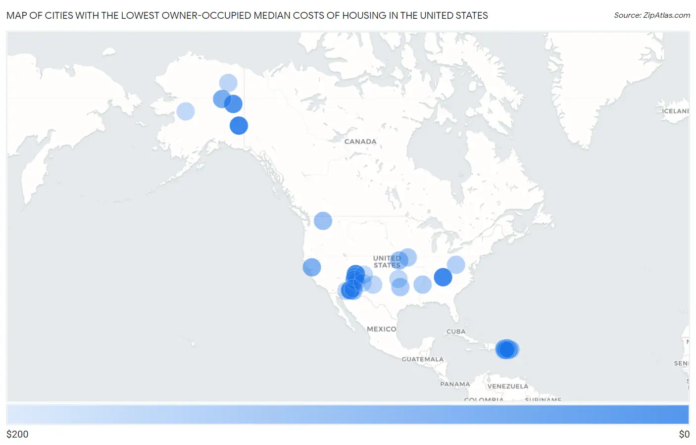 Cities with the Lowest Owner-Occupied Median Costs of Housing in the United States Map