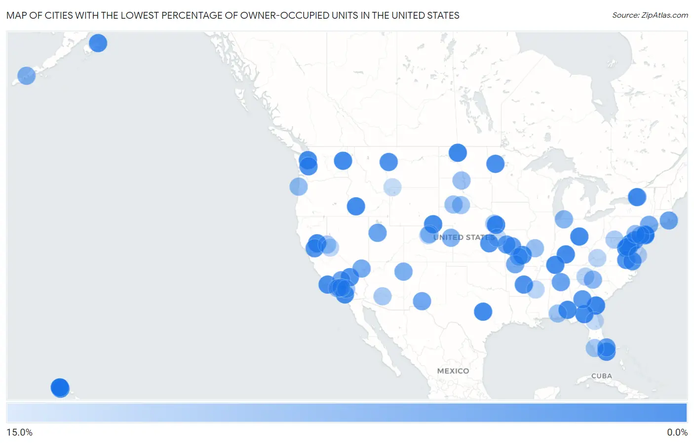 Cities with the Lowest Percentage of Owner-Occupied Units in the United States Map