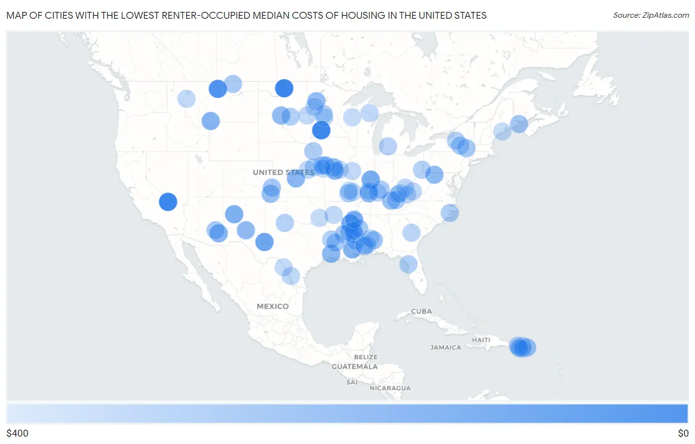 Cities with the Lowest Renter-Occupied Median Costs of Housing in the United States Map