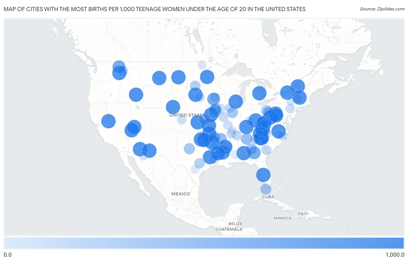 Cities with the Most Births per 1,000 Teenage Women Under the Age of 20 in the United States Map