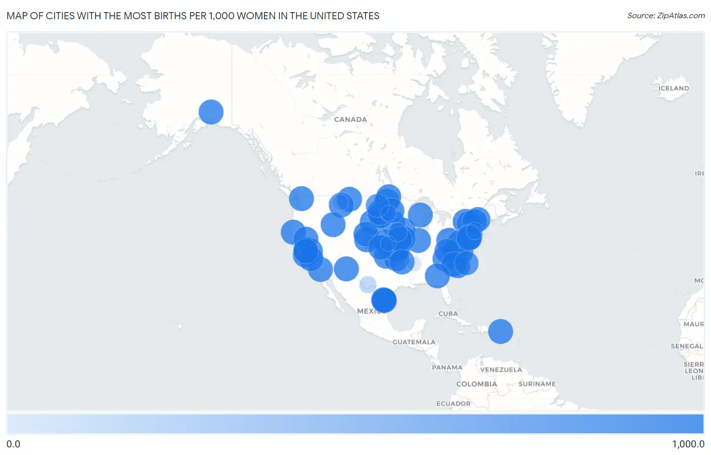 Cities with the Most Births per 1,000 Women in the United States Map