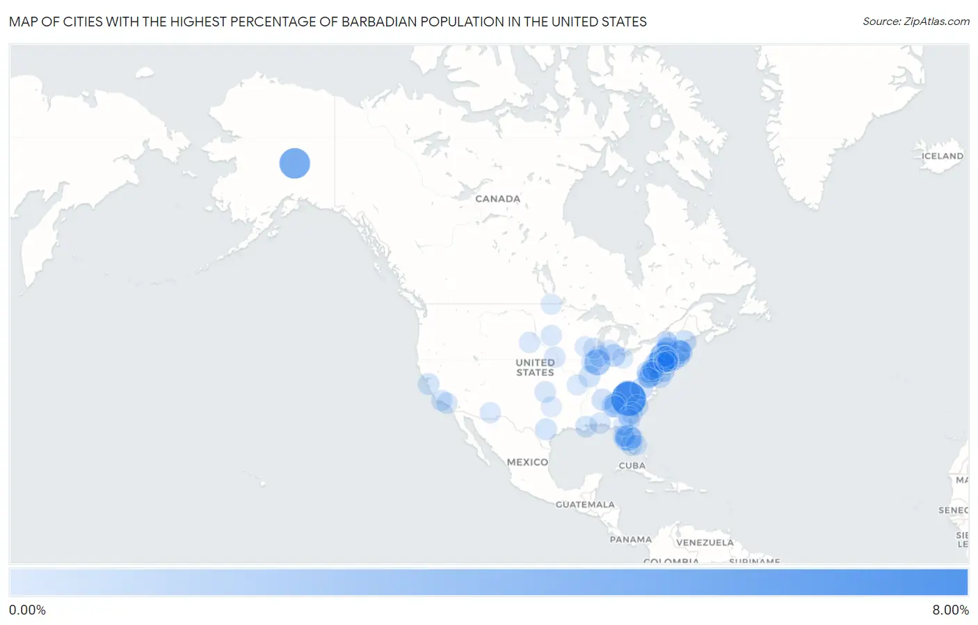 Cities with the Highest Percentage of Barbadian Population in the United States Map