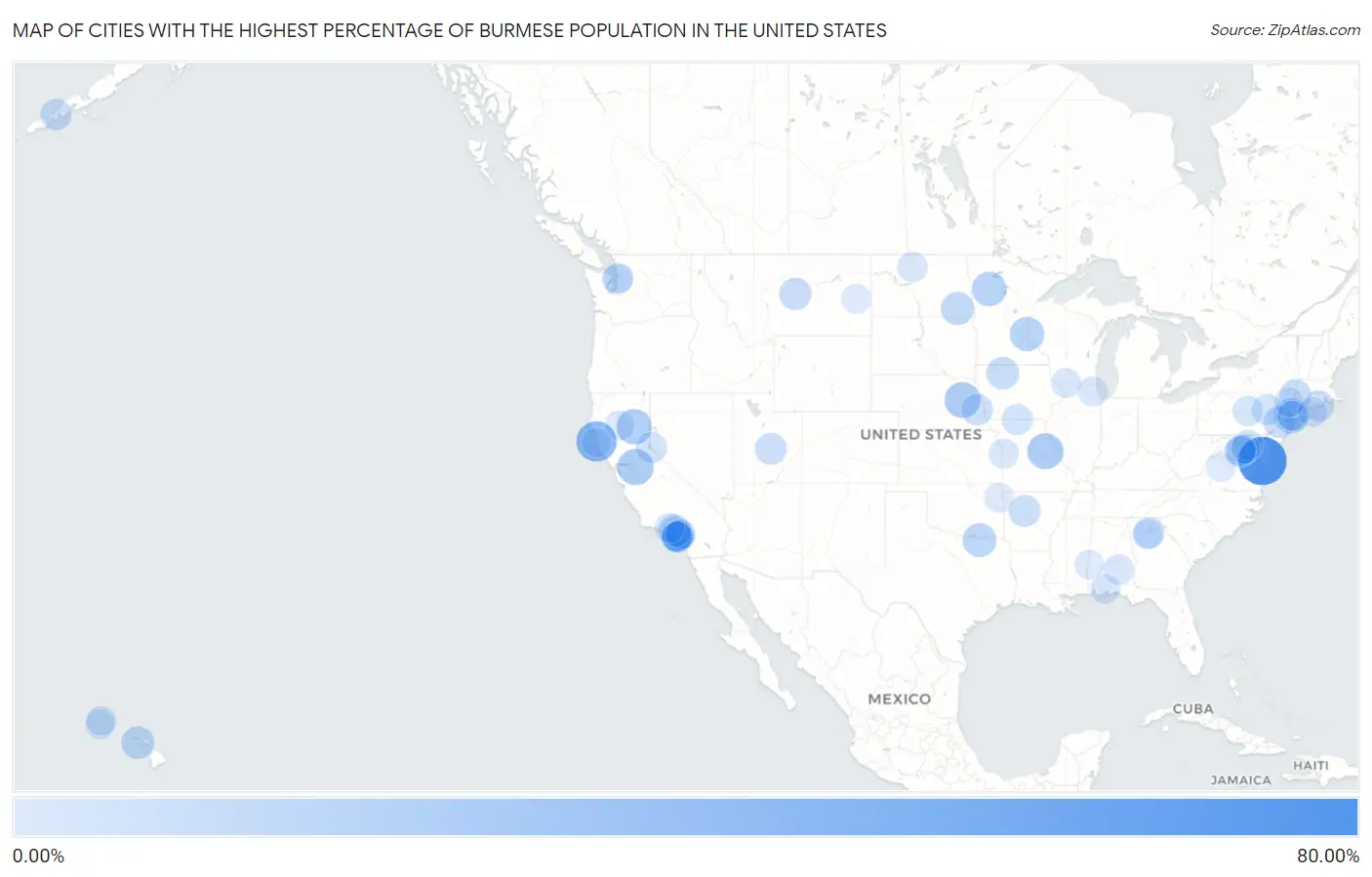 Cities with the Highest Percentage of Burmese Population in the United States Map