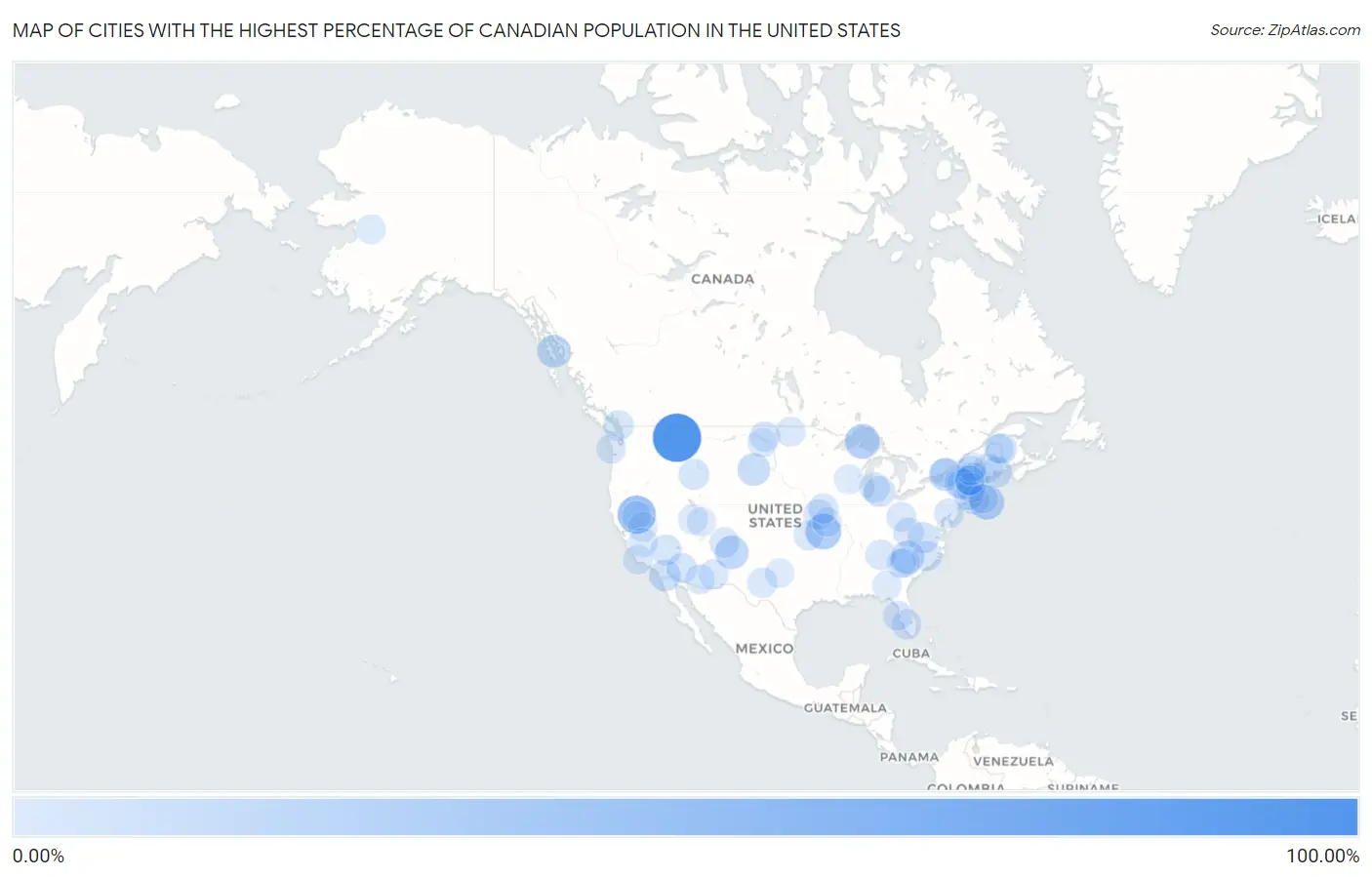 Cities with the Highest Percentage of Canadian Population in the United States Map