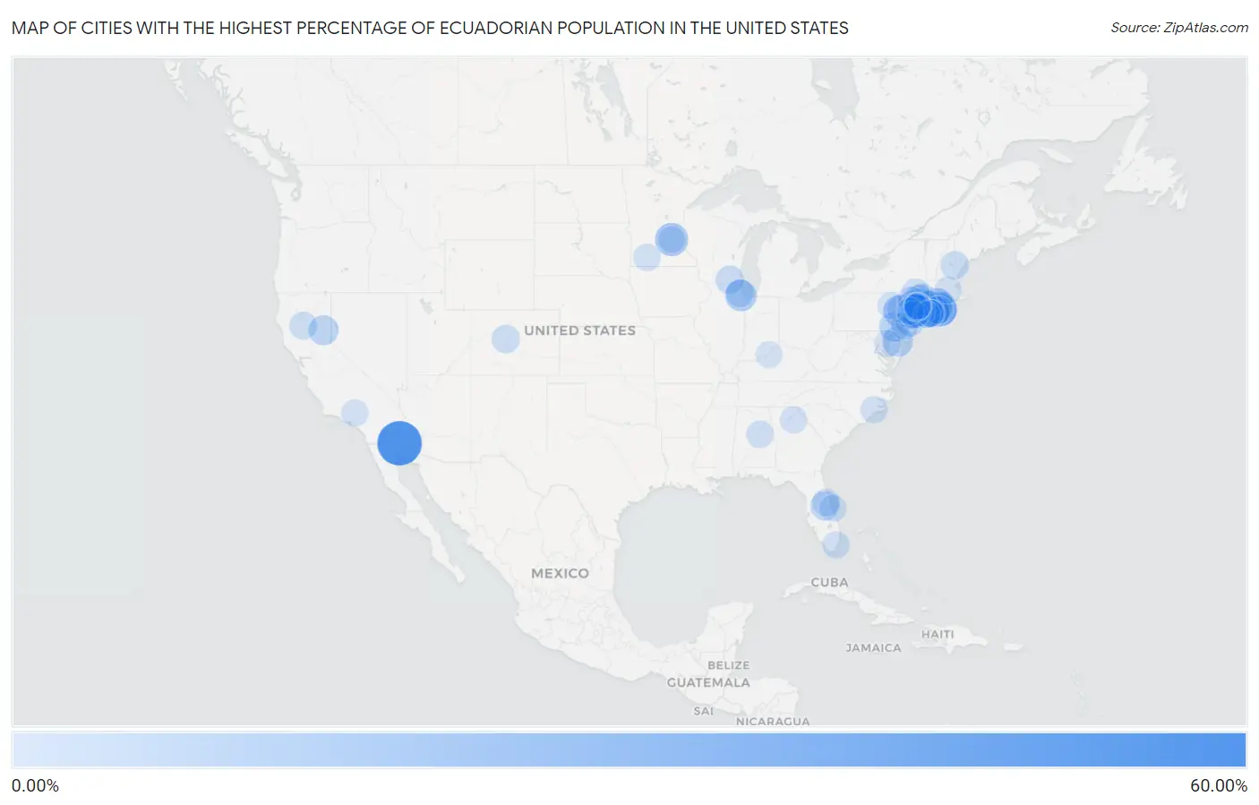 Cities with the Highest Percentage of Ecuadorian Population in the United States Map