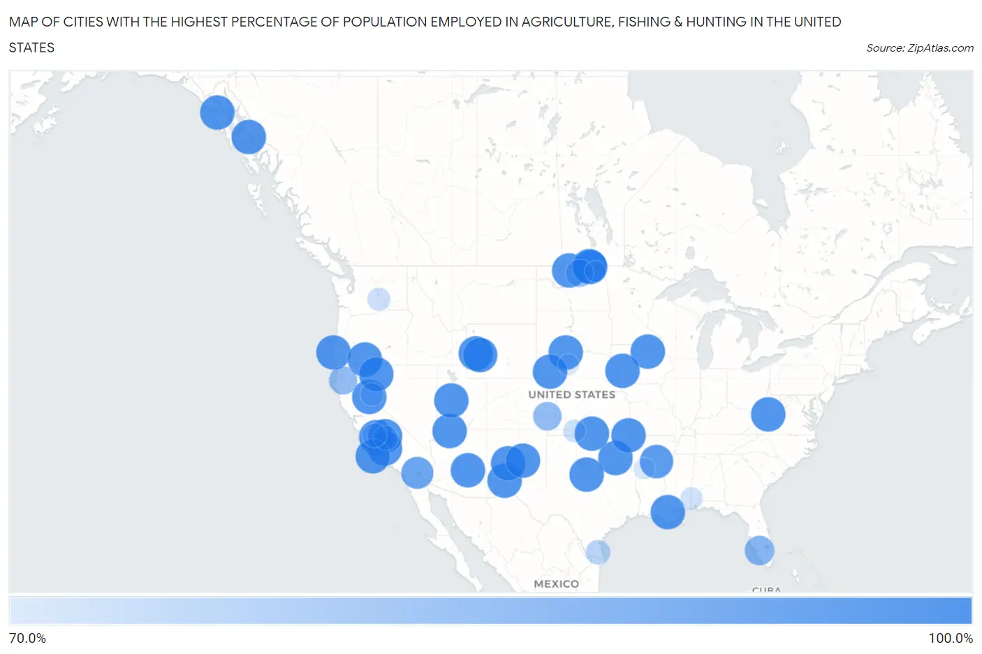 Cities with the Highest Percentage of Population Employed in Agriculture, Fishing & Hunting in the United States Map