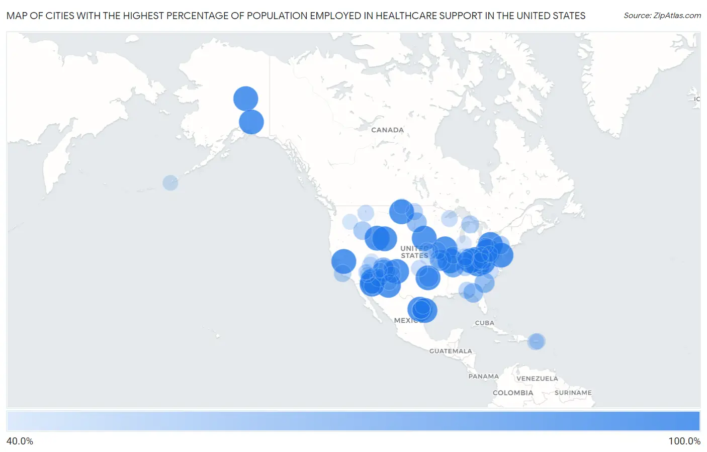Cities with the Highest Percentage of Population Employed in Healthcare Support in the United States Map