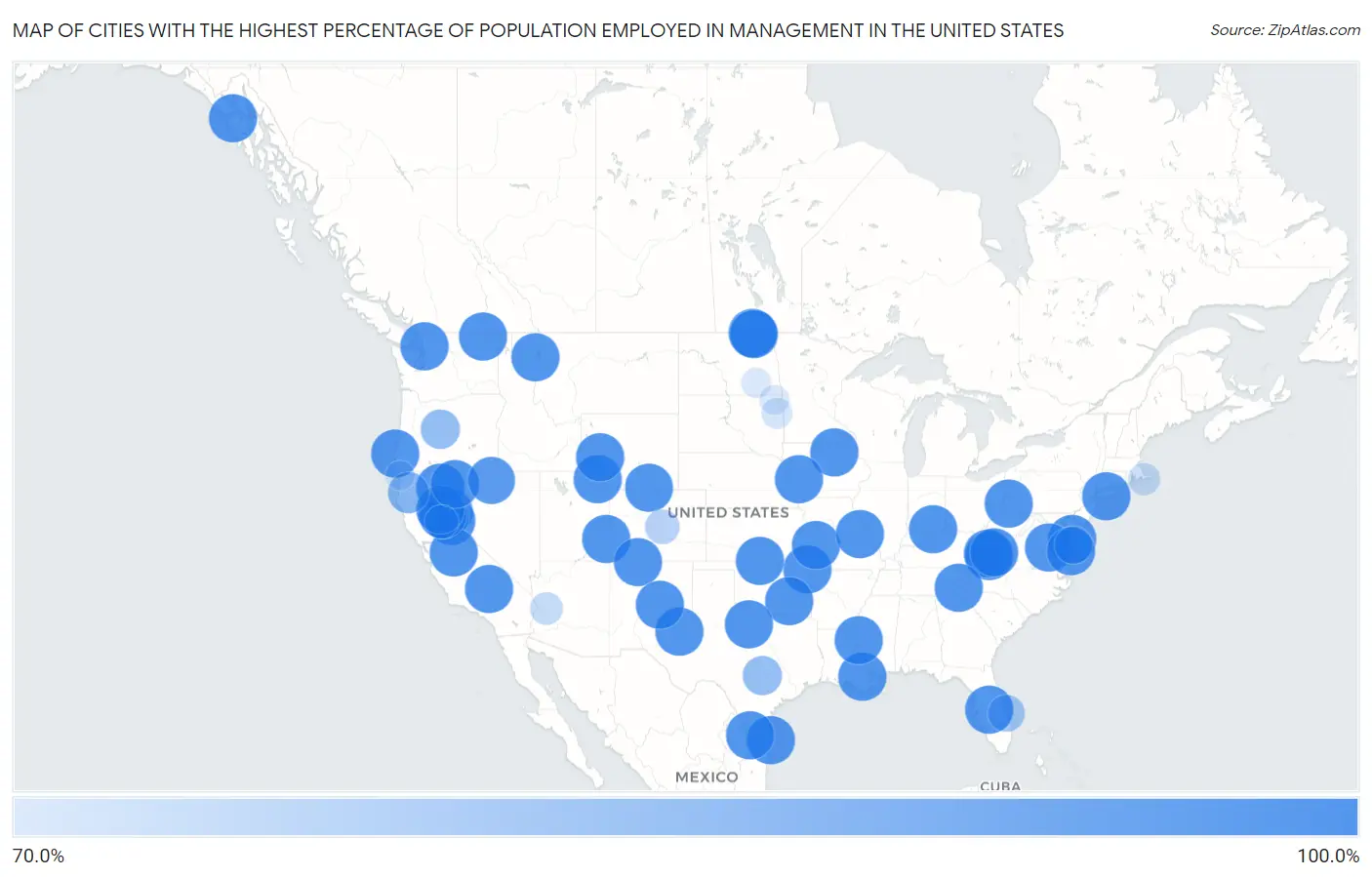 Cities with the Highest Percentage of Population Employed in Management in the United States Map