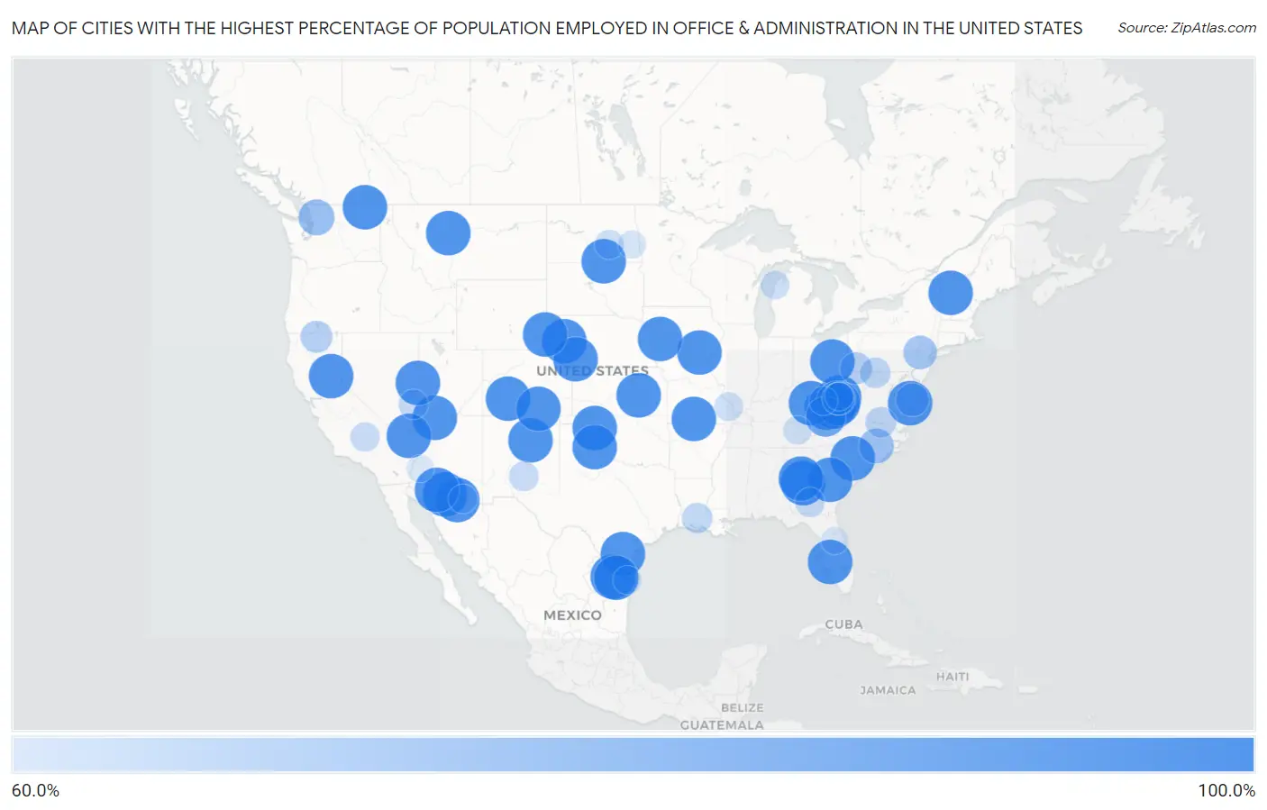 Cities with the Highest Percentage of Population Employed in Office & Administration in the United States Map