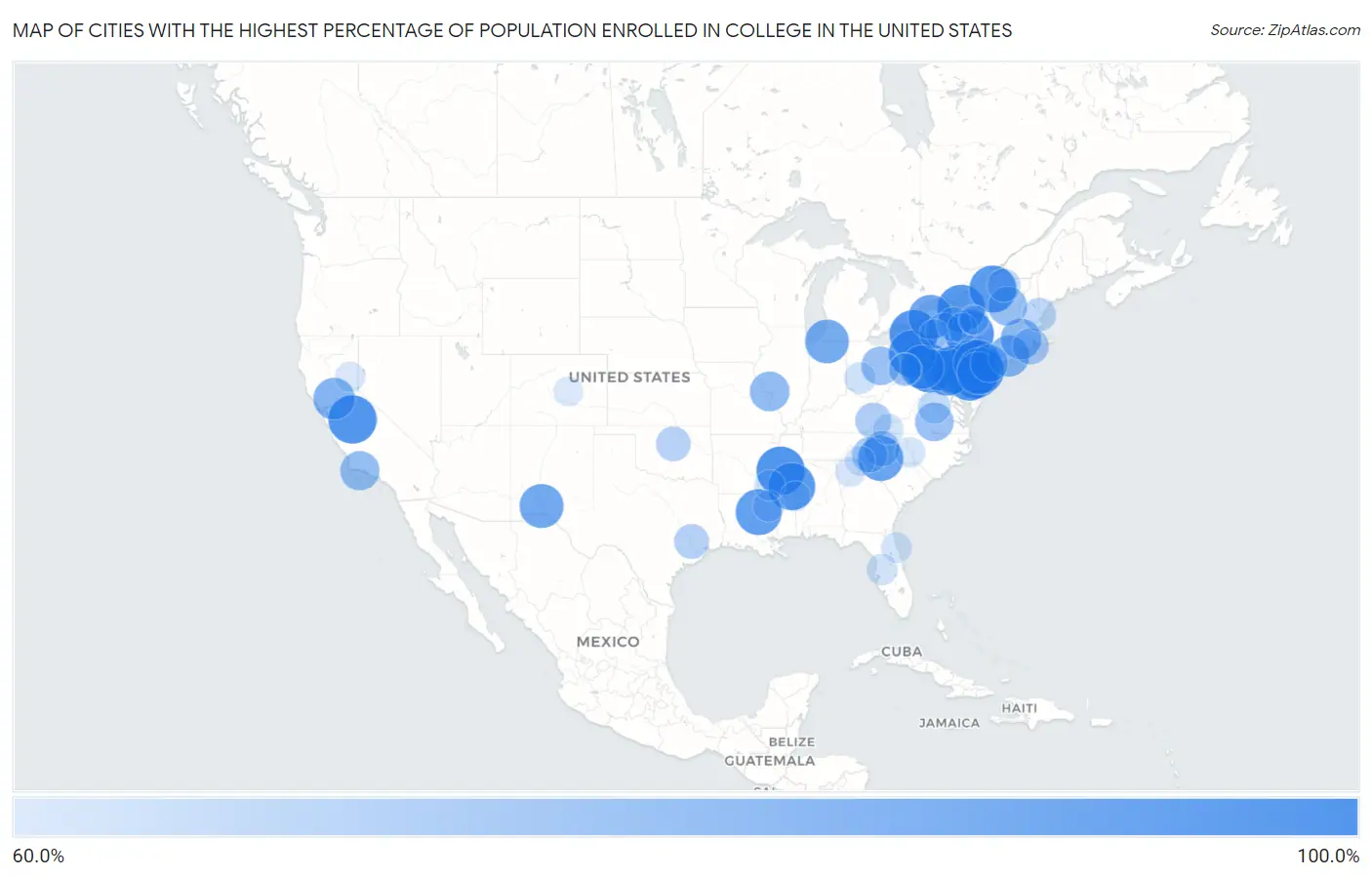 Cities with the Highest Percentage of Population Enrolled in College in the United States Map