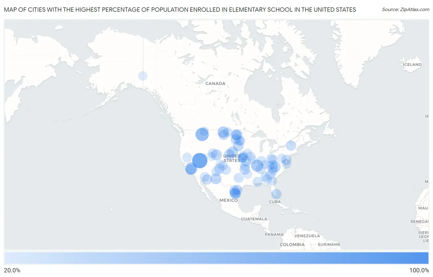 Cities with the Highest Percentage of Population Enrolled in Elementary School in the United States Map