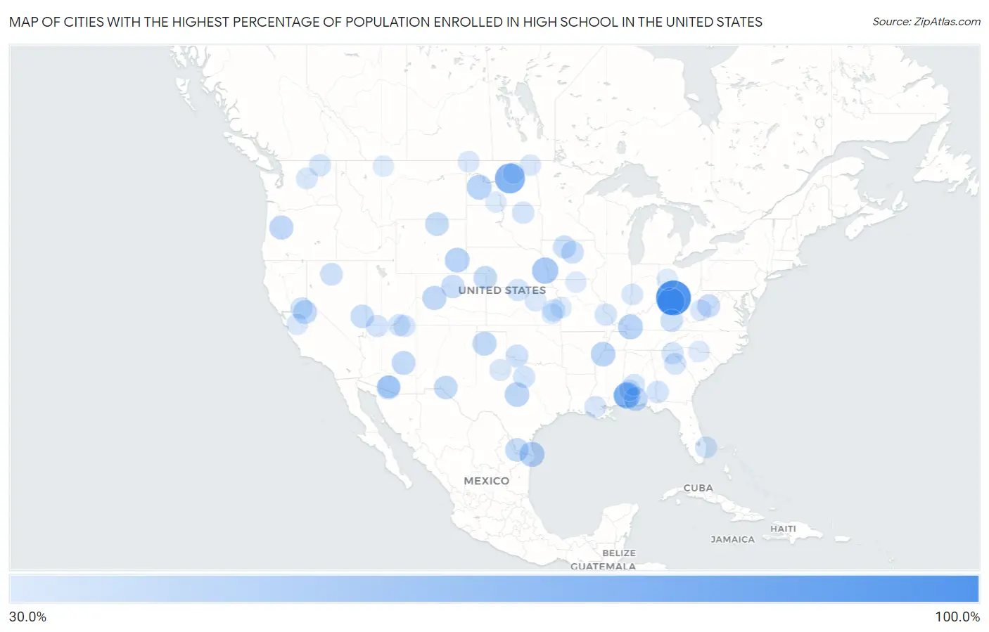 Cities with the Highest Percentage of Population Enrolled in High School in the United States Map
