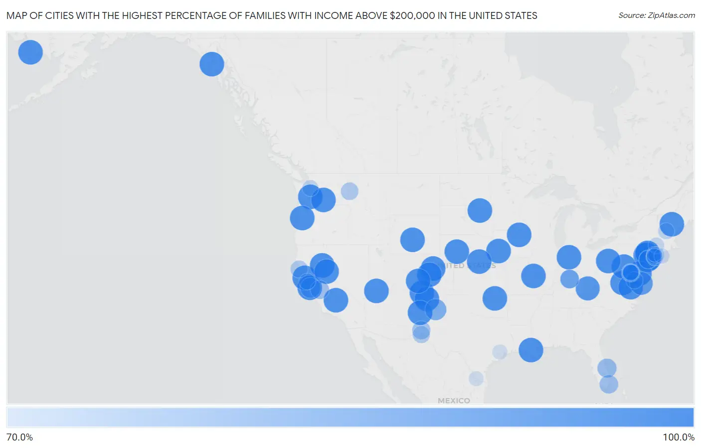 Cities with the Highest Percentage of Families with Income Above $200,000 in the United States Map