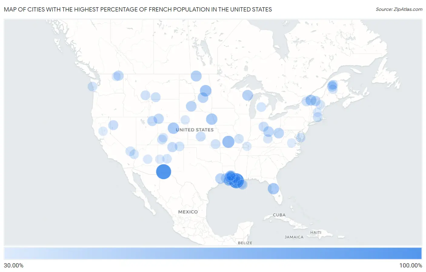 Cities with the Highest Percentage of French Population in the United States Map