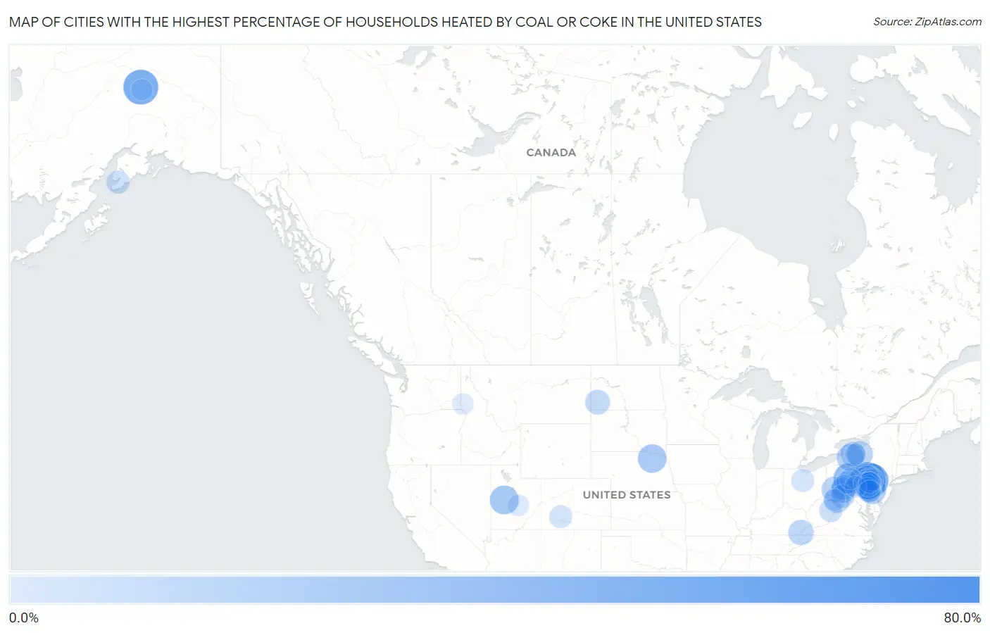 Cities with the Highest Percentage of Households Heated by Coal or Coke in the United States Map