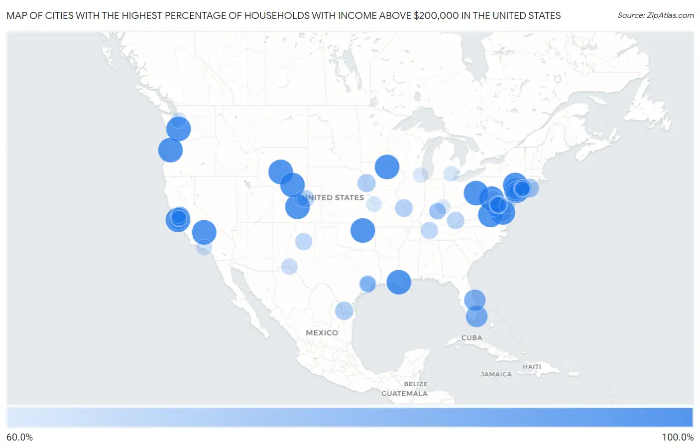 Cities with the Highest Percentage of Households with Income Above $200,000 in the United States Map