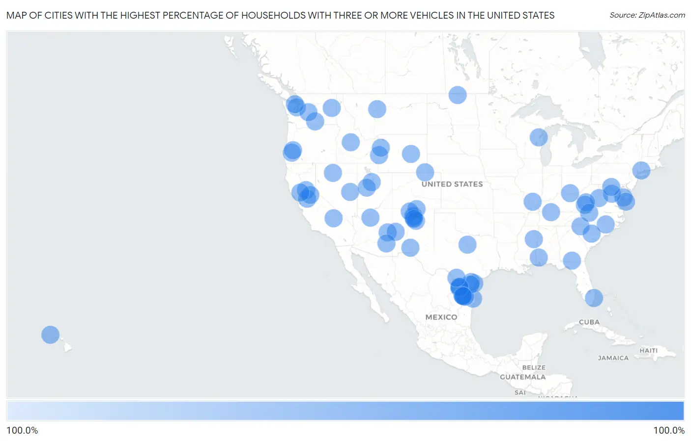 Cities with the Highest Percentage of Households With Three or more Vehicles in the United States Map