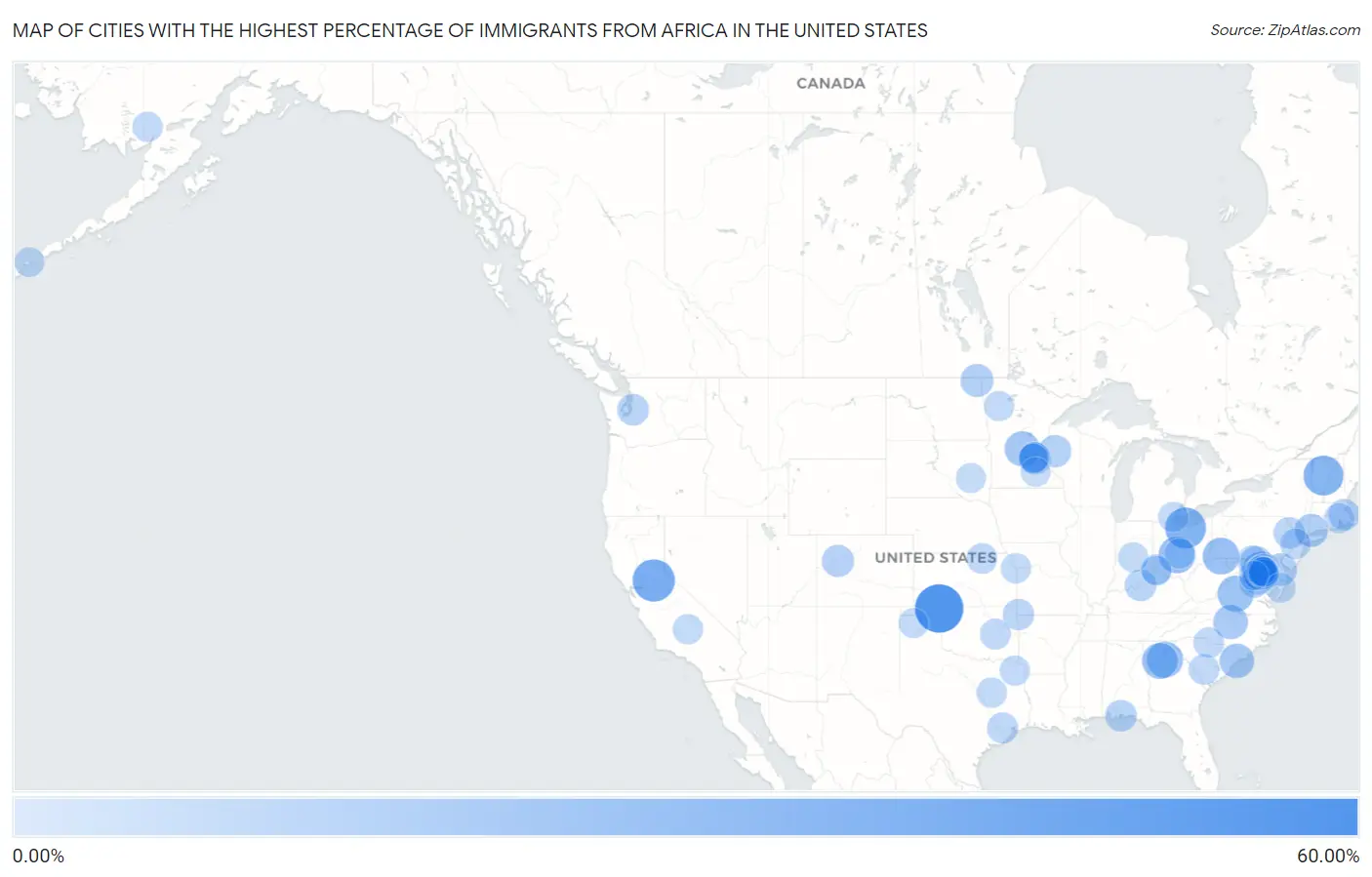Cities with the Highest Percentage of Immigrants from Africa in the United States Map