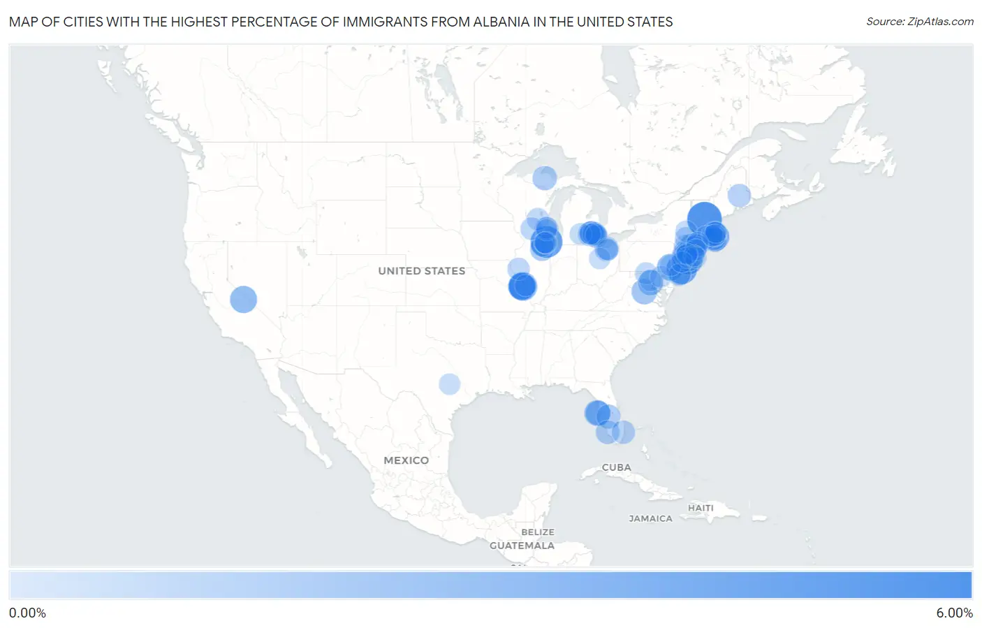Cities with the Highest Percentage of Immigrants from Albania in the United States Map
