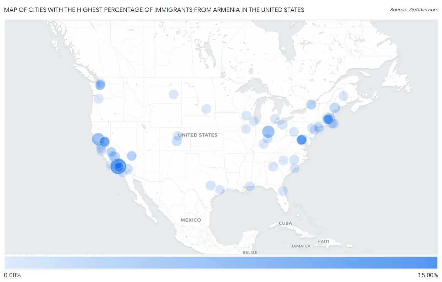 Cities with the Highest Percentage of Immigrants from Armenia in the United States Map