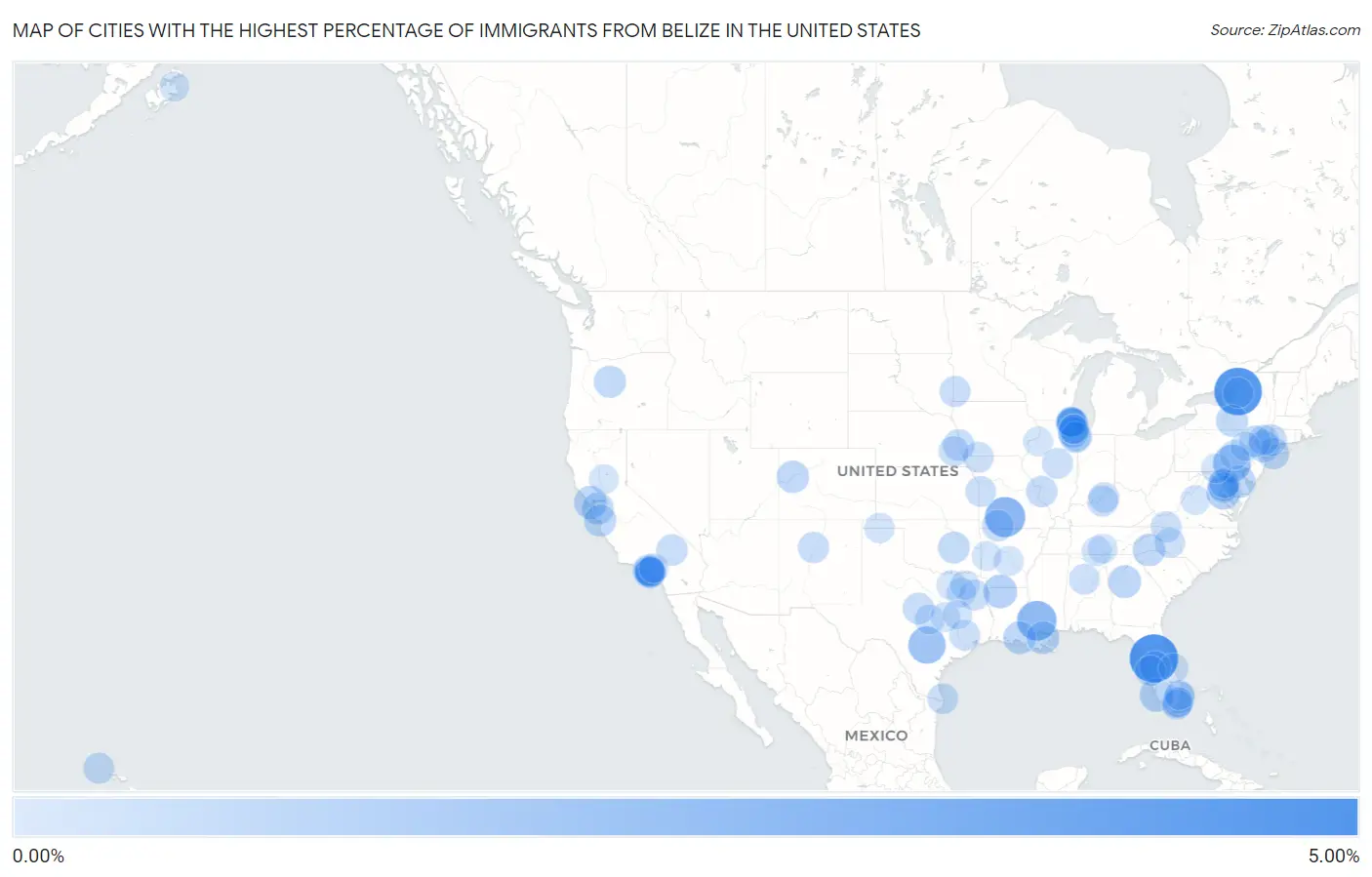 Cities with the Highest Percentage of Immigrants from Belize in the United States Map