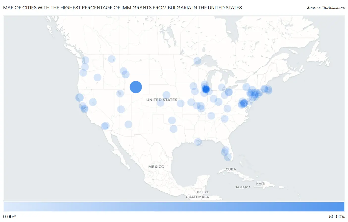 Cities with the Highest Percentage of Immigrants from Bulgaria in the United States Map
