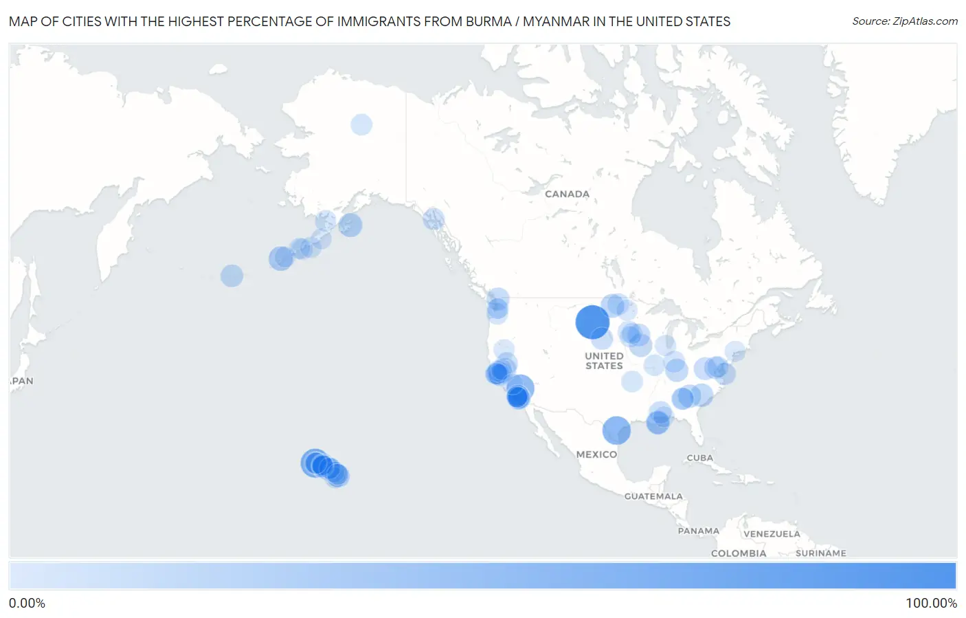 Cities with the Highest Percentage of Immigrants from Burma / Myanmar in the United States Map